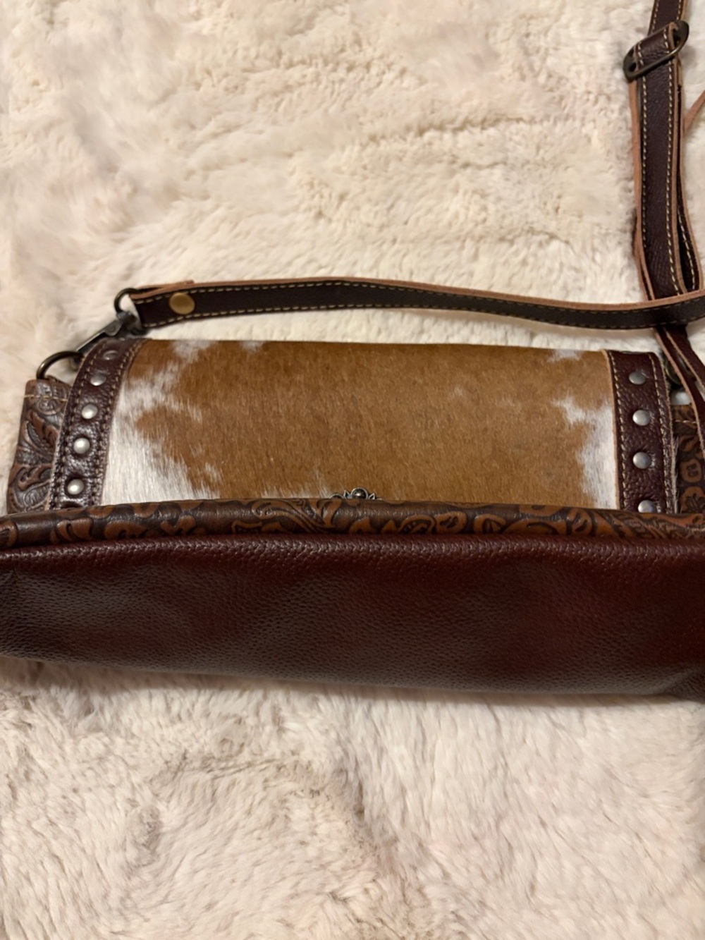 Myra Bag Craved Blossoms Leather Brown & White Hairon Cowhide Flap Crossbody - Picture 12 of 12